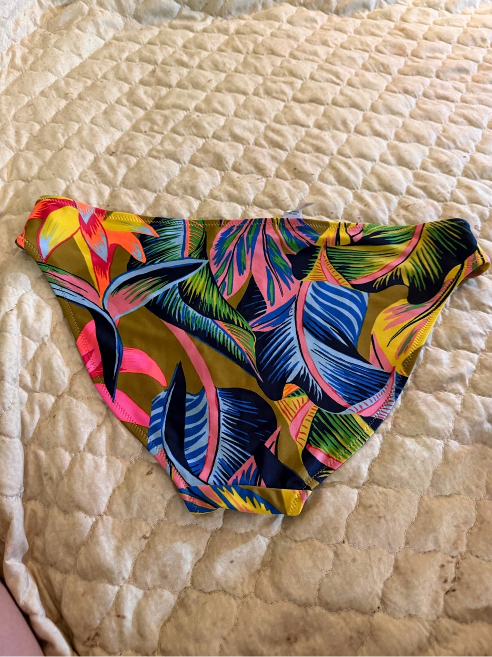 aerie Tropical Leaf Print Bikini Bottoms in Olive, Blue, Pink & Yellow